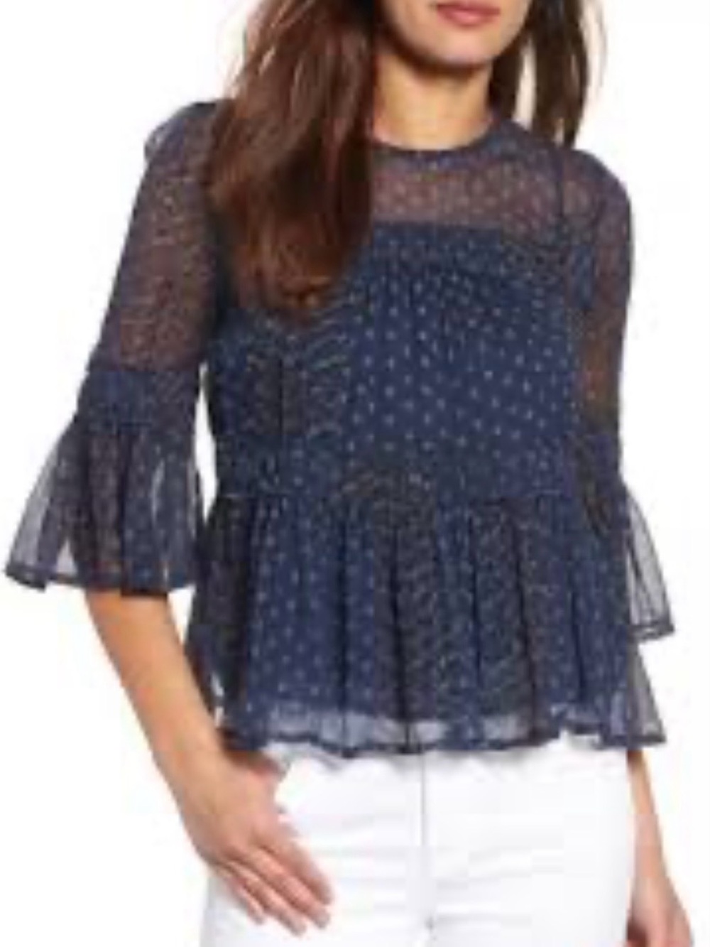NWT Lucky Brand Blue Crinkle Peasant Top Sheer Bell Sleeve Babydoll Plus Size 1X